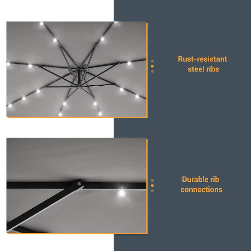 10Ft LED Patio Offset Umbrella Hanging Circle Umbrellas,w/Cross Base