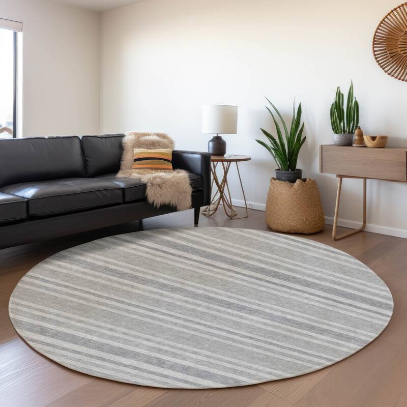 Premium Washable Super Soft Modern Cabana Stripe Mayfield Rug - Silver - 8' x 8' - Round