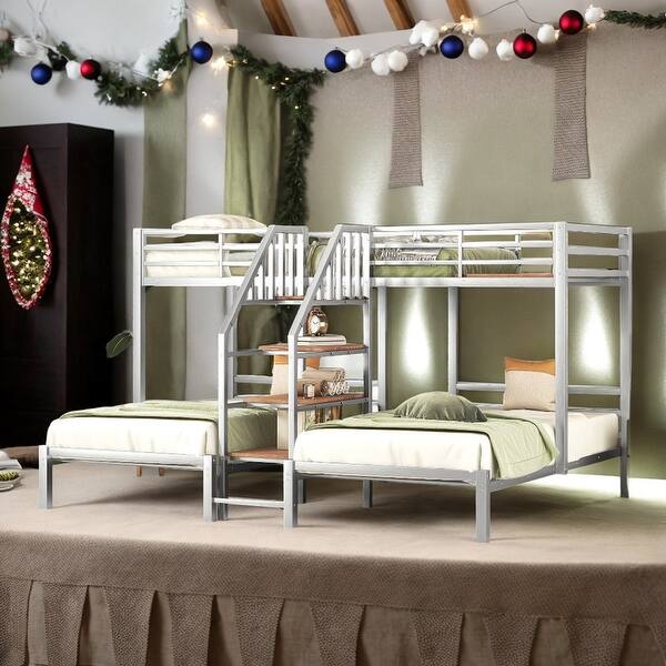 slide 2 of 16, Twin over Twin & Twin Triple Bunk Bed with Shelves Staircase, Silver Silver