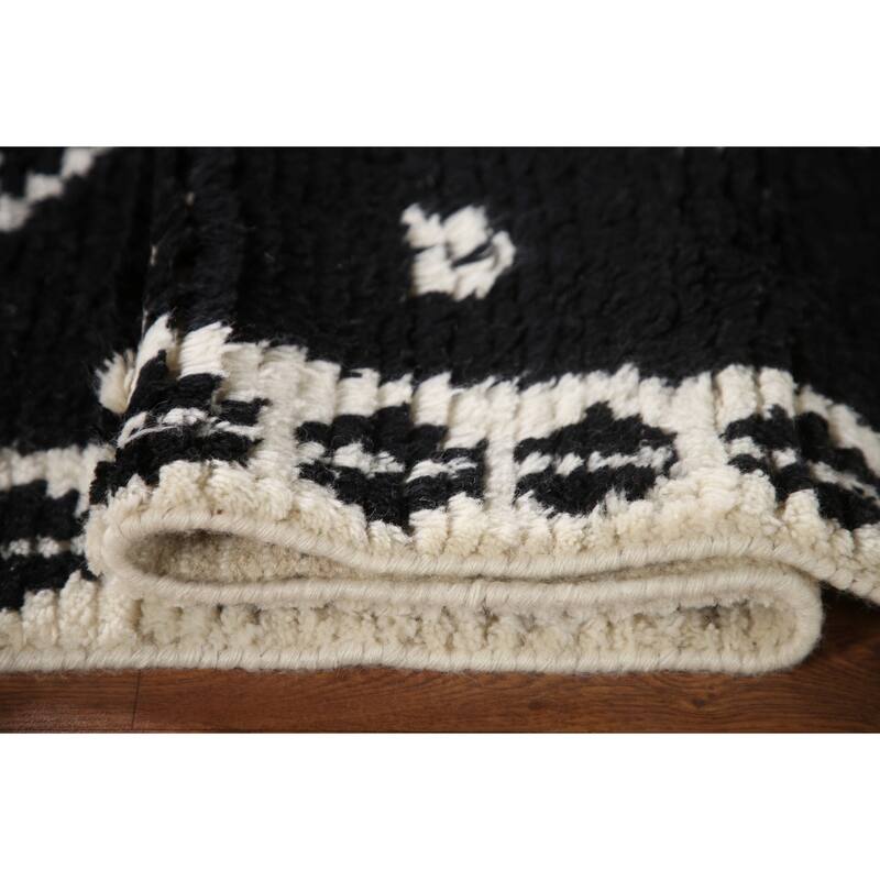 Black Plush Moroccan Indian Area Rug Hand-Knotted Wool Carpet - 5'2"x 8'1"