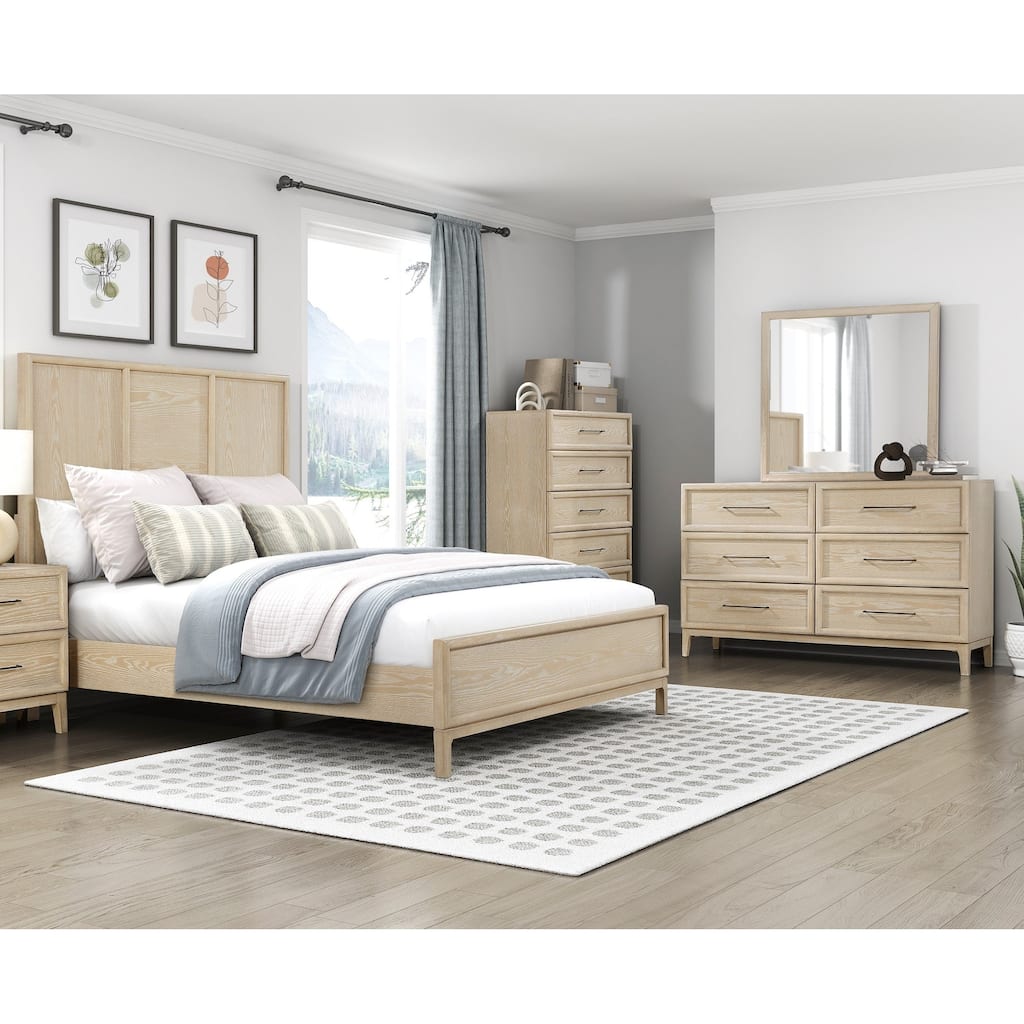 4pc Bedroom Set Panel Bed Dresser Mirror Chest Light Brown