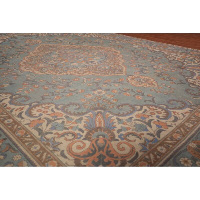 Blue Tabriz Persian Vintage Area Rug Hand-Knotted Wool Carpet - 9'6" x 12'10"