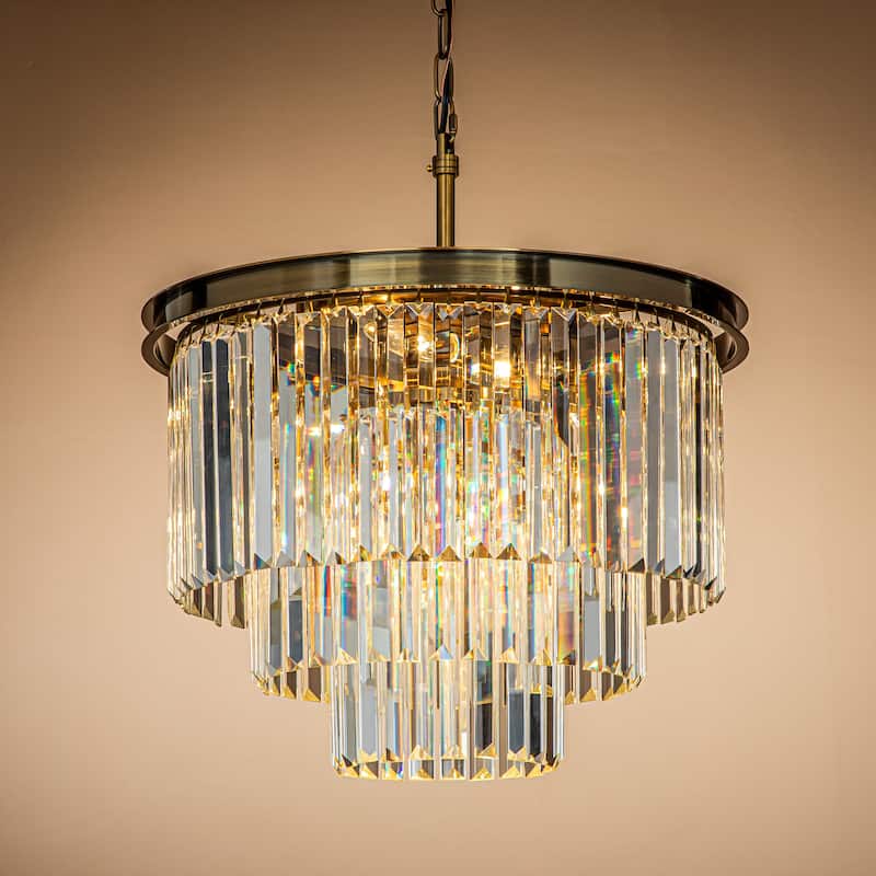 6-Lights Mid-Century Modern 3-Tier Round Fringe Crystal Chandelier - Antique Gold