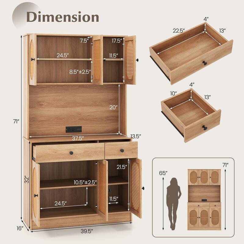 Gymax Kitchen Pantry Cabinet w/ Charging Station 71'' Tall Kitchen - Natural