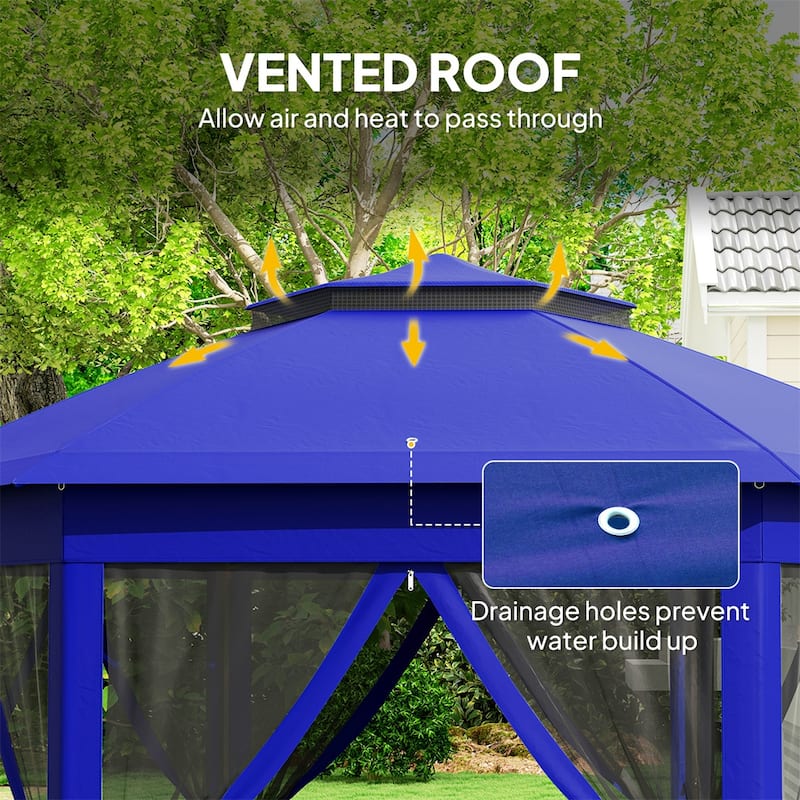 Dark Blue-Black Steel Polyester Hexagon Pop-Up Outdoor Gazebo Tent - Eave Height: 6.6'