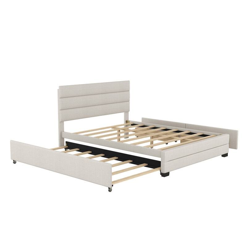 Upholstered Queen Size Platform Bed with 2 Storage Drawers and Twin Trundle Bed, Wood Queen Bed Frame with Linen Fabric