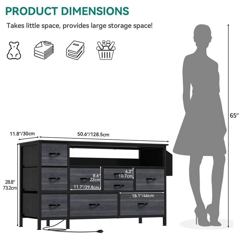 Moasis 50"W 9-drawer Fabric Dresser, Media Console, TV Stand with Outlets, RGB Lights