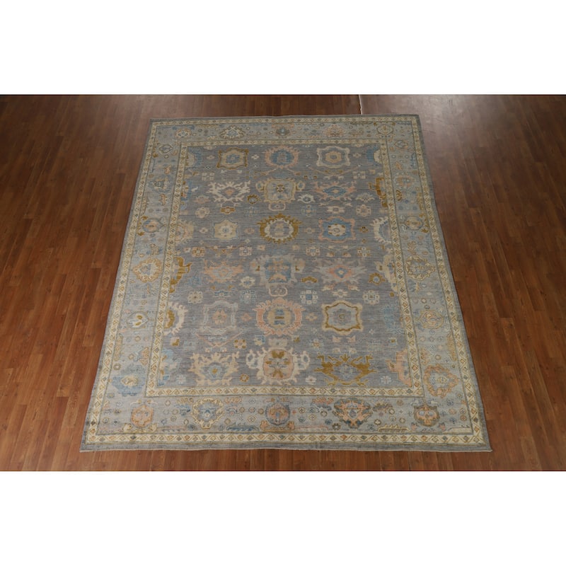 Hand Knotted Oriental 100% Wool Carpet Transitional All-Over Navy Blue & Blues Oushak Area Rug - 9' 11'' X 8' 1''