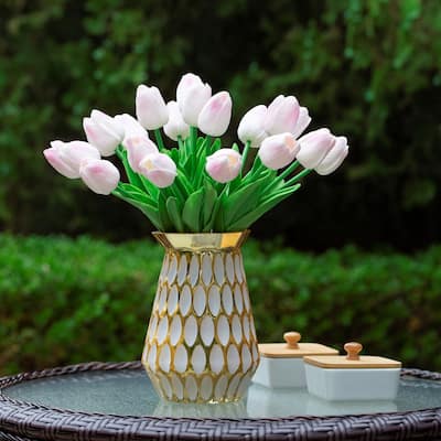 20 Pieces Real Touch Tulip Flower Arrangement in Glass Vase Fake Tulips Flowers with Vase for Dining Table Decoration