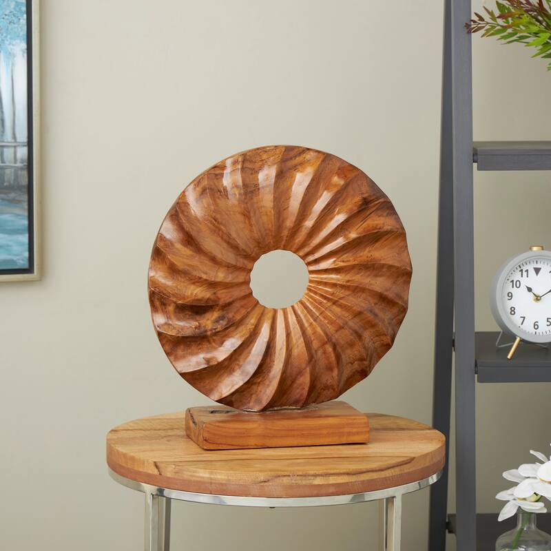 Brown Teak Wood Handmade Dimensional Circular Abstract Decorative Sculpture with Center Cutout - Brown