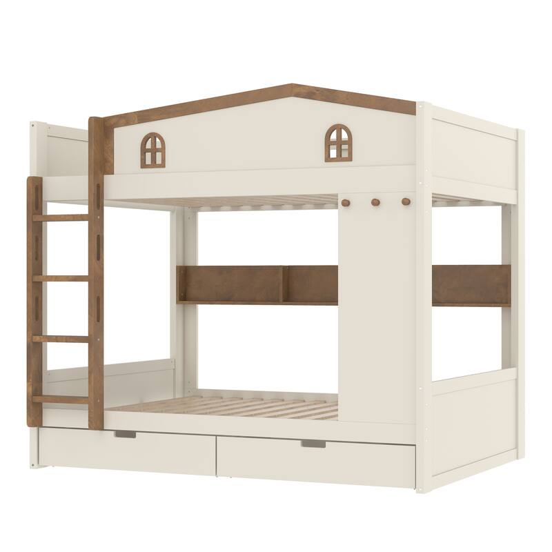 House-shaped Bunk Bed with Hooks, Storage Shelves, Safety Guardrails and Optional with Underbed Drawers or Trundle Bed