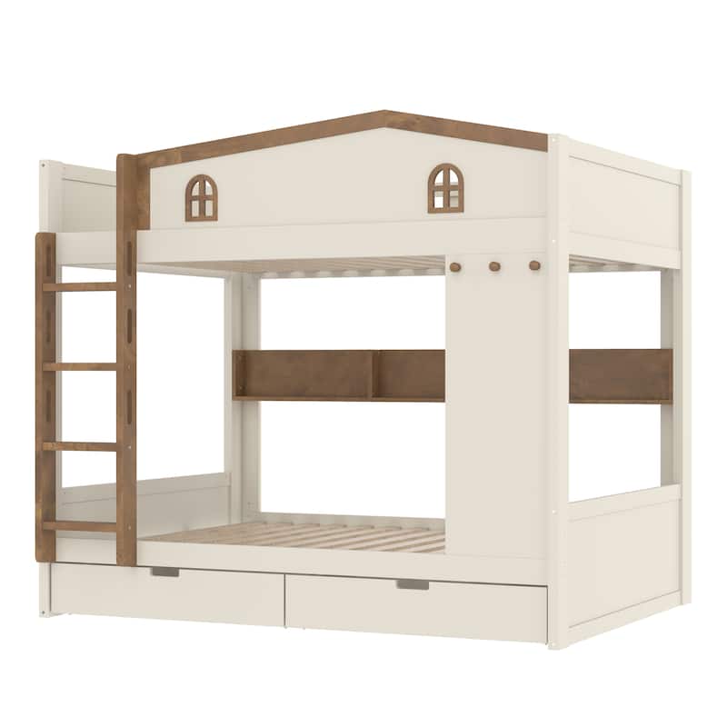 Queen over Queen Bunk Bed with Storage Drawers, Shelves & Hooks