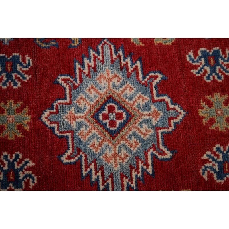 Red Geometric Kazak Runner Rug Hand-Knotted Wool Carpet - 2'7" x 9'8"