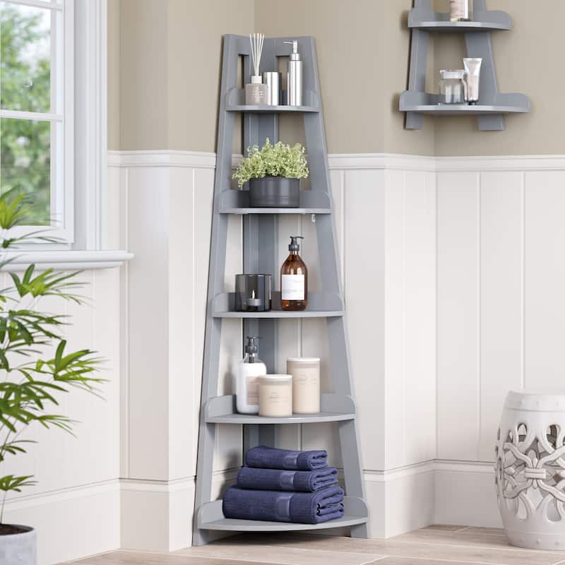 RiverRidge Amery 5-Tier Tall Corner Ladder Shelf Tower with Display Shelf and Corner Storage for Bathroom, Living Room, Office - Gray