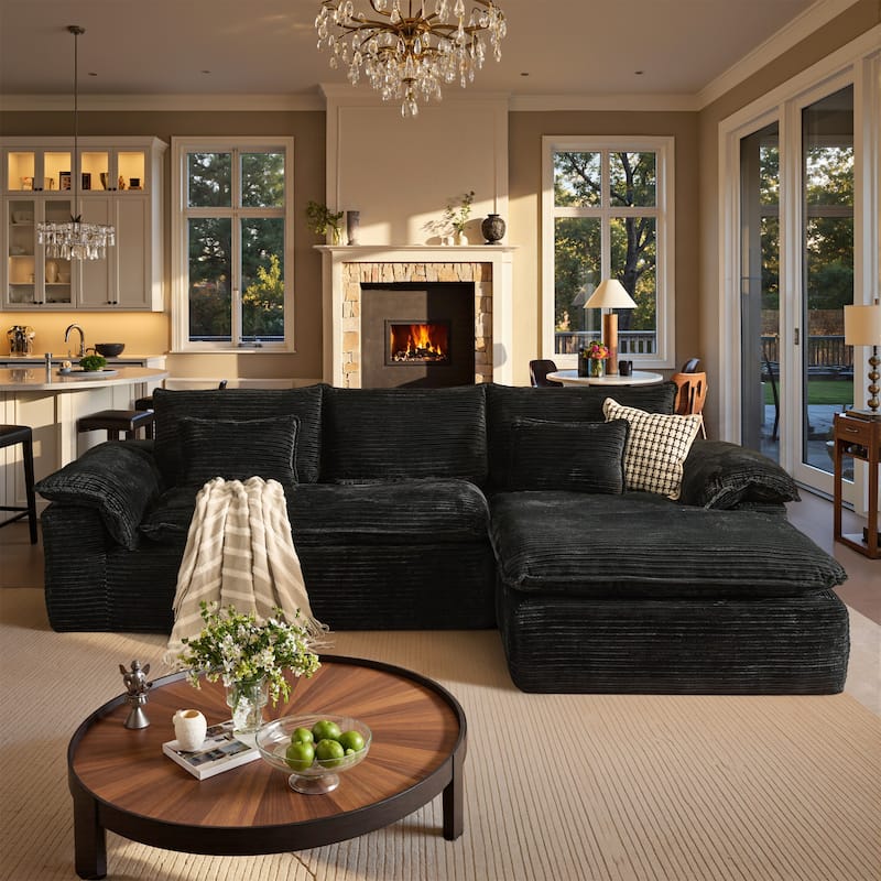 OVIOS Wide Ribbed Plush Sectional Sofa with Pillow-Top Arms - RightChaise-Black