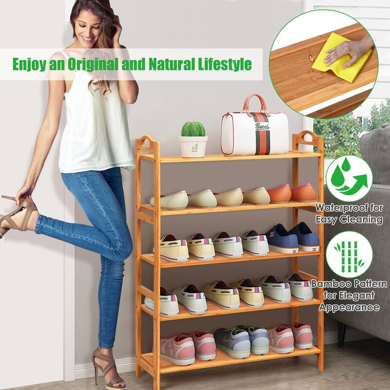 Natural 5-Tier Wicker Free-Standing Shoe Rack with Two Handle Perfect for 15 Pairs - 26.5” x 10.5” x 38” (L x W x H)