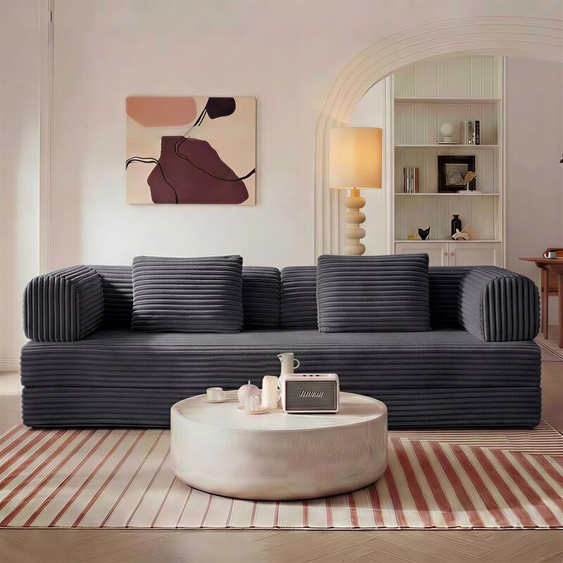 Convertible Sofa Bed, 3 in 1 Folding Loveseat Couch Bed Foldable Boneless Couch Floor Sleeper, Corduroy Pull Out Sofa Bed - Antique Grey