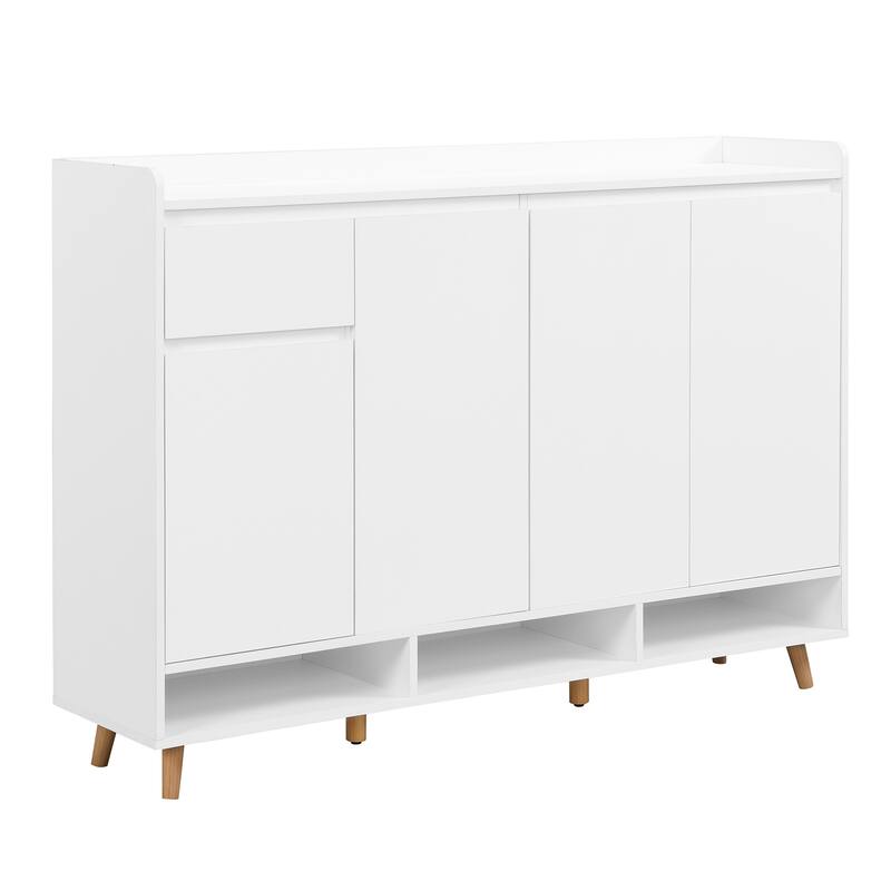 Sleek Contemporary Shoe Cabinet with Adjustable Shelves and Solid Wood Legs - 55.1" W × 13.8" D × 39.4" H - White