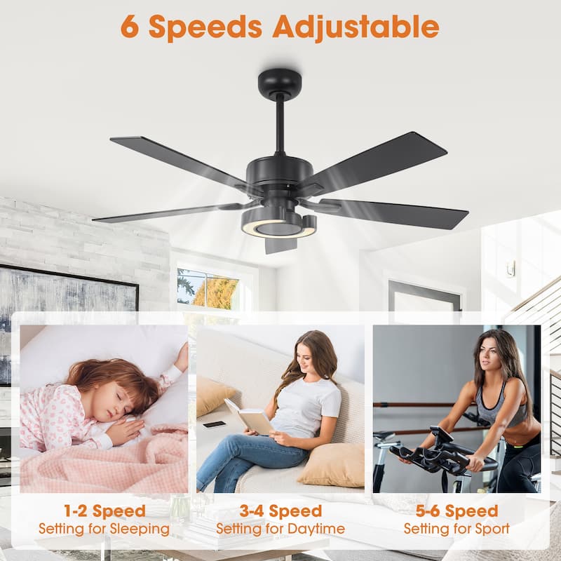 52-Inch Modern Intergatred LED Reversible Black Ceiling Fan with Light and Remote