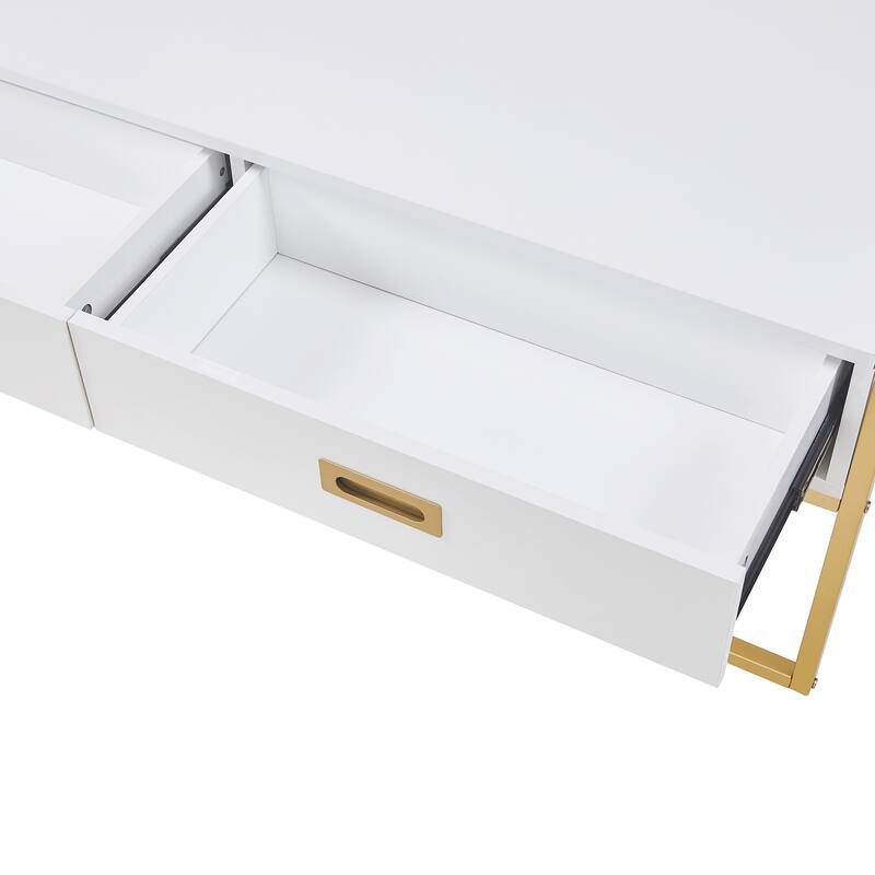 Luxury Coffee Table, Rectangular Center Table for Living Room, Modern Large Coffee Tables with 2 Storage Drawers & Gold Leg