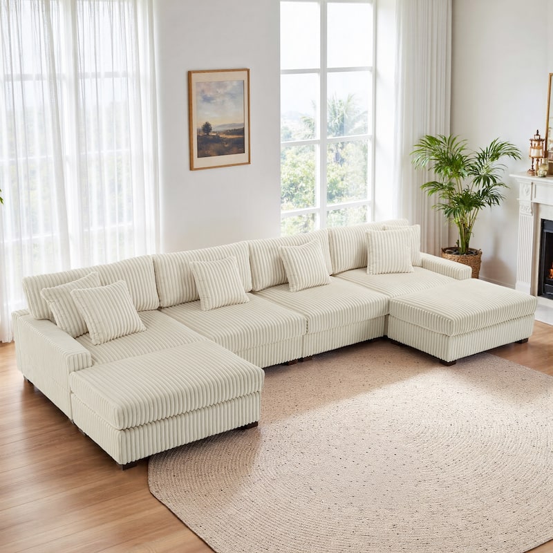 Anne 150" W Upholstered Plush Corduroy Modular Sectional Sofa