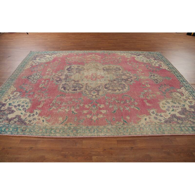 Pink Tabriz Persian Antique Area Rug Handmade Wool Carpet - 7'5"x 10'1"
