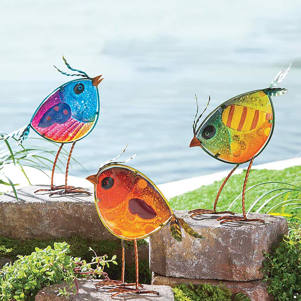 Indoor/Outdoor Metal and Colorful Iridescent Glass Bird Statues, Set of 3