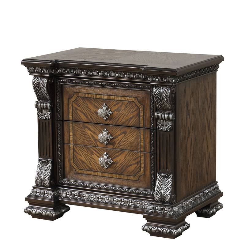 Transitional Nightstand with USB Port - Espresso Finish & Ornate Silver Brushed Molding