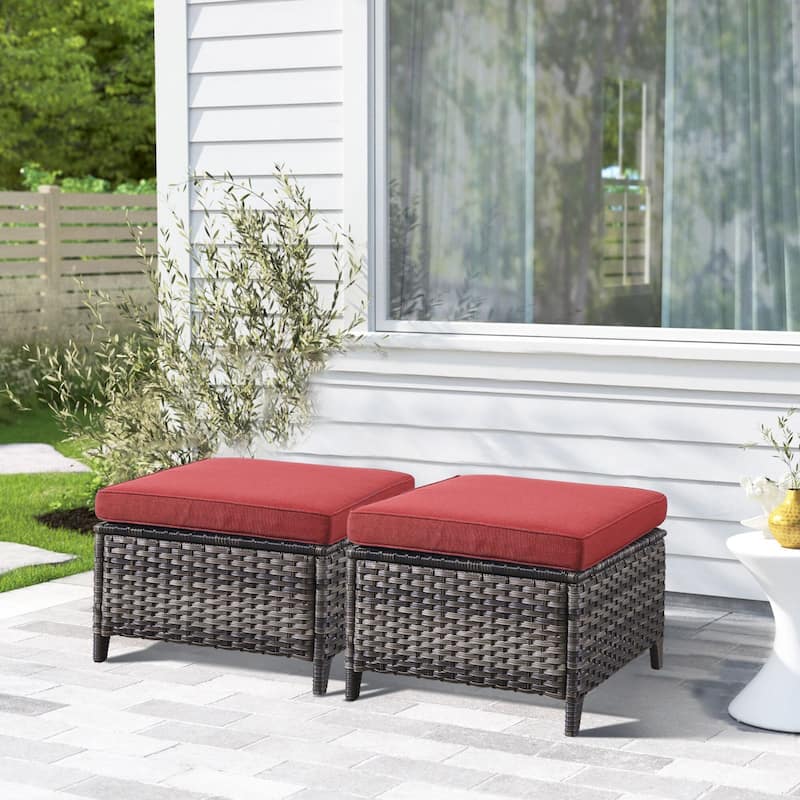 Gymojoy Outdoor Durable Wicker Ottomans with Olefin Cushions - 2-Piece - Grey Wicker / Red Cusion