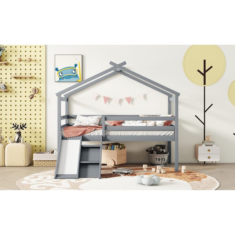 Roomfitters Twin Low Loft House Bed with Slide and Ladder, Safety Guardrails, House Roof Frame, No Box Spring Needed