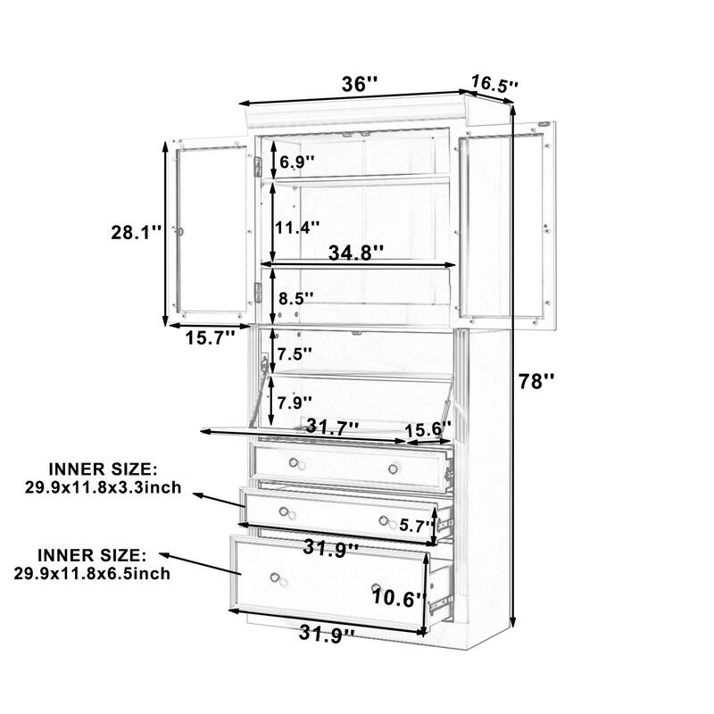Roomfitters 78 Inch Tall Kitchen Pantry Storage Cabinet with Power Outlet and Drop-Down Surface