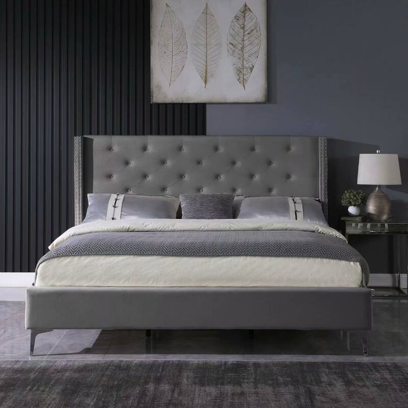 King-sized Velvet Platform Bed Frame - Grey