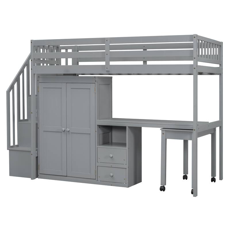 Space-Saving Loft Bed with Shelves Wardrobe, Movable table & Side Desk, Wooden Twin Bed Frmae wiht Storage Stairs & Two Drawers