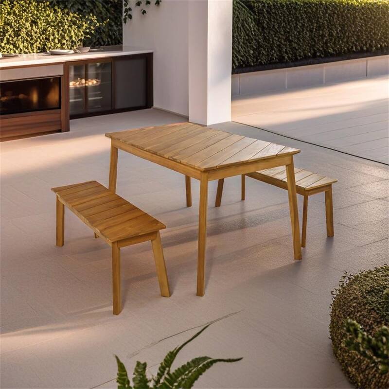 3 Pieces Acacia Wood Table Bench Dining Set - Acacia Wood