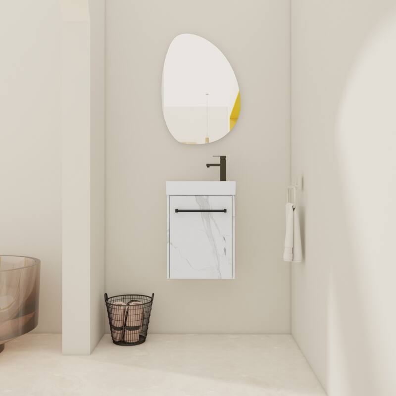 16" Wall-Mounted Bathroom Vanity with Carrara White Ceramic Sink, Soft-Close Doors, and Ample Storage