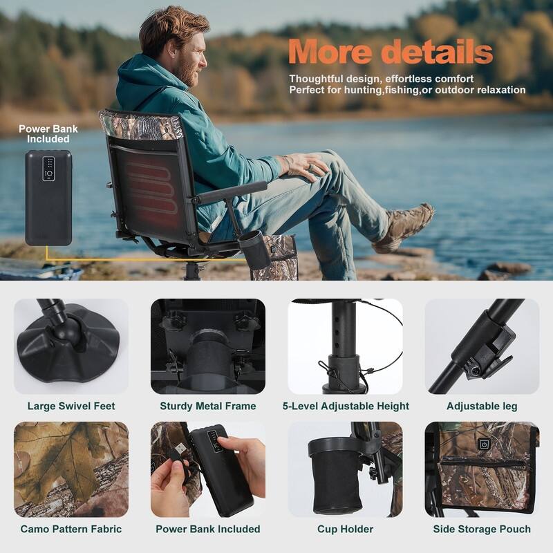Heated 360 Degree Swivel Hunting Chair, Silent Rotating Blind Seat with Power Bank, 4 Adjustable Legs, Portable Design