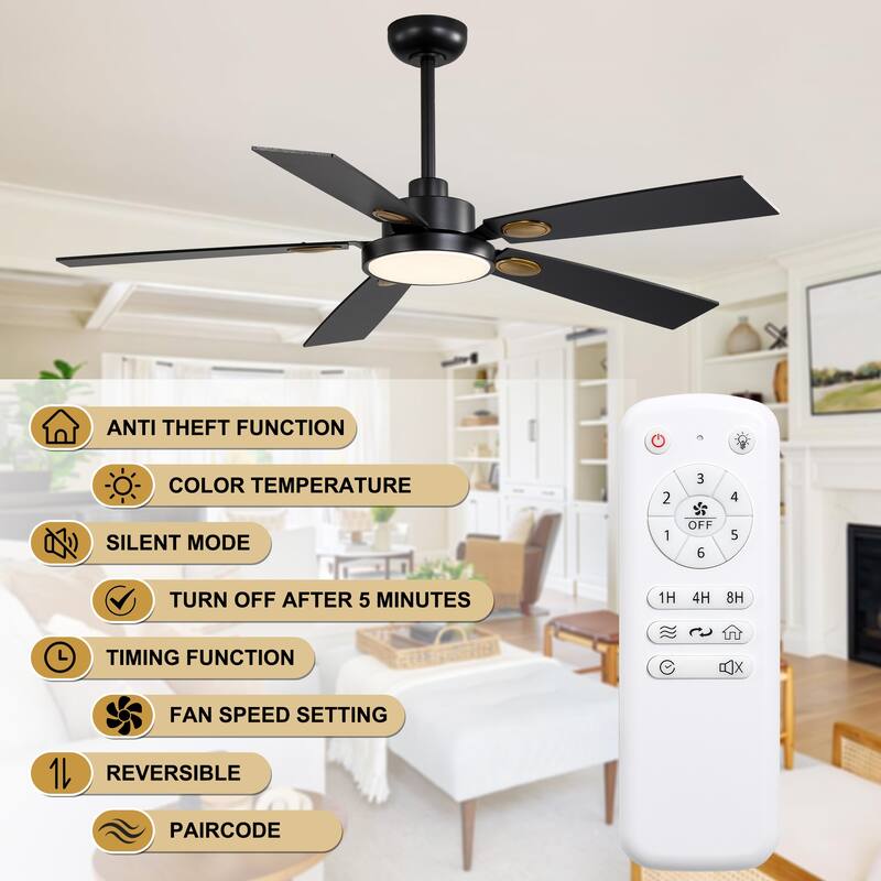 Cusp Barn 52" Black Modern Ceiling Fan with Lights and Remote, Farmhouse Indoor 5-Blade Quiet DC Motor Ceiling Fan for Bedroom