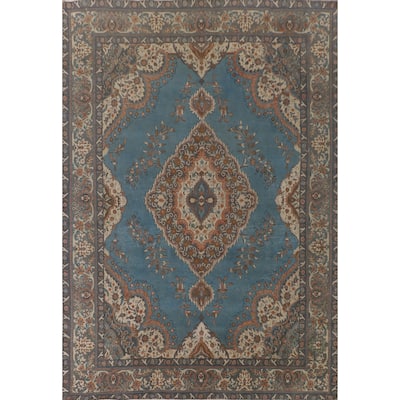 Over Dyed Tabriz Persian Vintage Rug Handmade Blue Wool Carpet - 9'10"x 12'11"