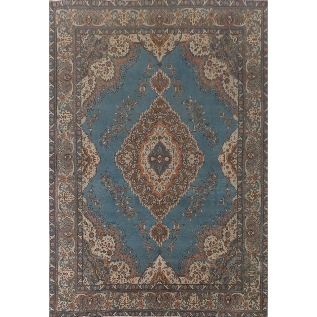 Over Dyed Tabriz Persian Vintage Rug Handmade Blue Wool Carpet - 9'10"x 12'11"