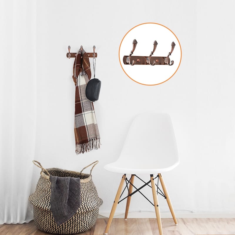 Dual Wall Hook Stainless Steel Base 9.6 Inch 3 Hooks Coat Towel Holder - Copper