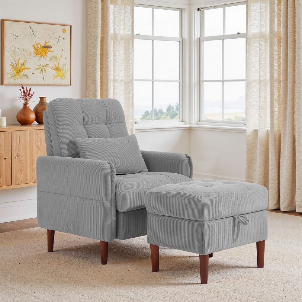 Adjustable Backrest Upholstered Accent Chair with Storage Ottoman Set