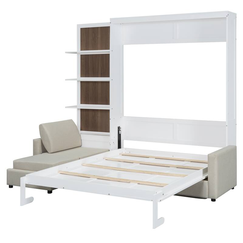 Roomfitters Queen Size Murphy Bed with Sofa and Shelves, Convertible Wall Bed for Living Room or Studio