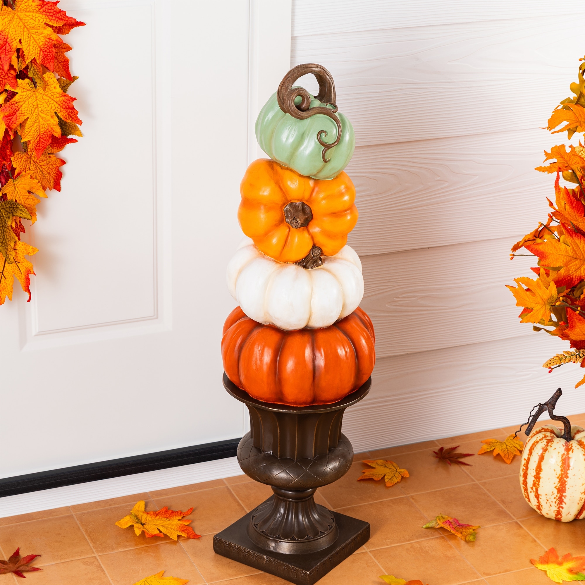 Glitzhome 2.6ft Fall Harvest MGO Stacked Pumpkin with Brown Urn Porch Decor
