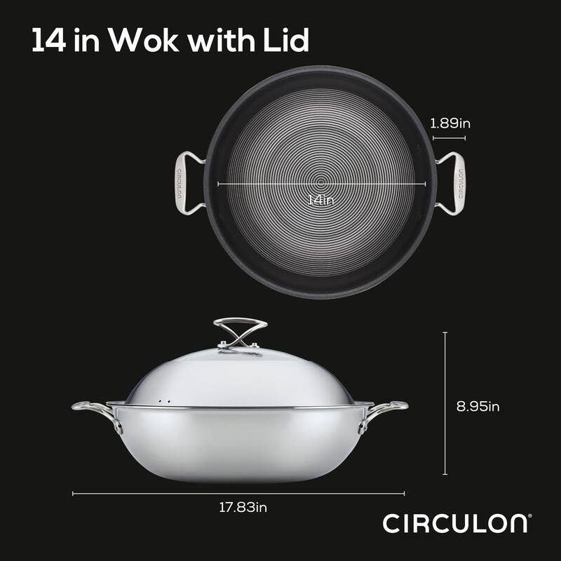Circulon Clad Stainless Steel Induction Wok with Glass Lid and Hybrid SteelShield and Nonstick Technology, 14-Inch, Silver