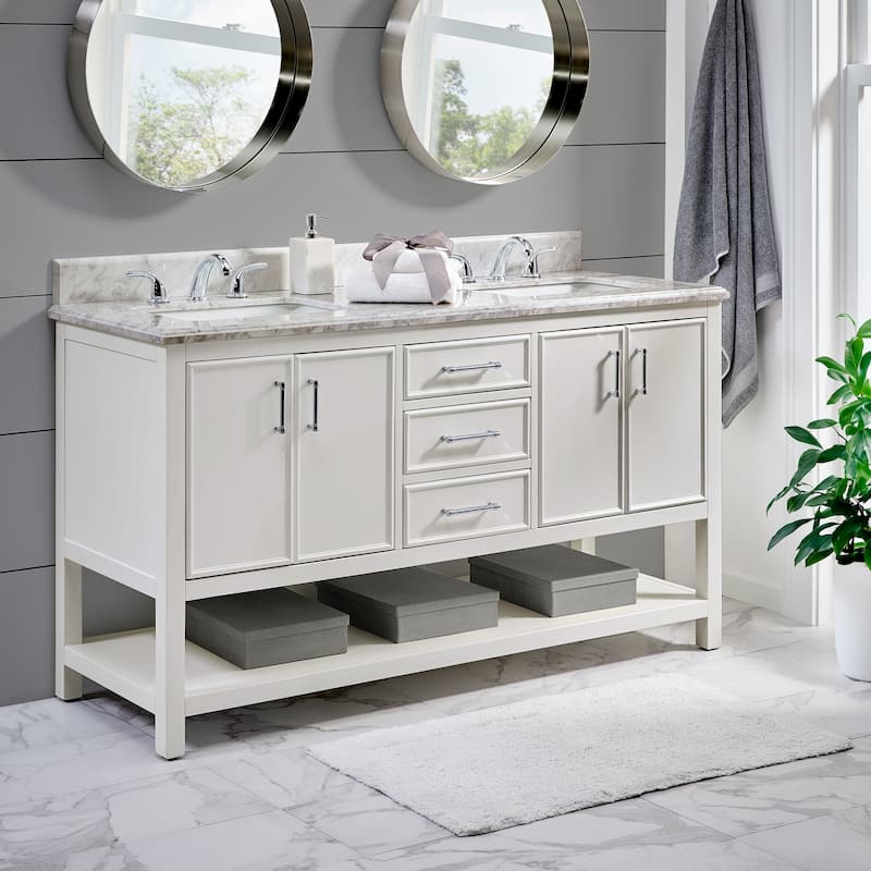 Lilleham Bathroom Sink Vanity with White Marble Veneer Stone Top by iNSPIRE Q Classic - 60" Double Sinks - White