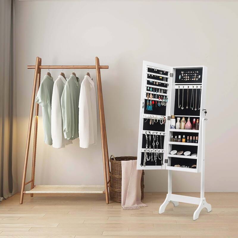 Wooden Floor Standing 4-Layer Shelf Jewelry Storage Adjustable Mirror Cabinet