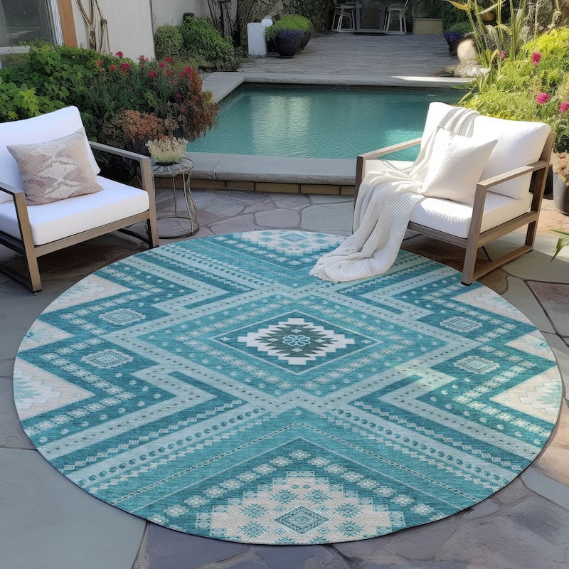 Machine Washable Indoor/ Outdoor Global Boho Chantille Rug - Teal - 8' x 8'