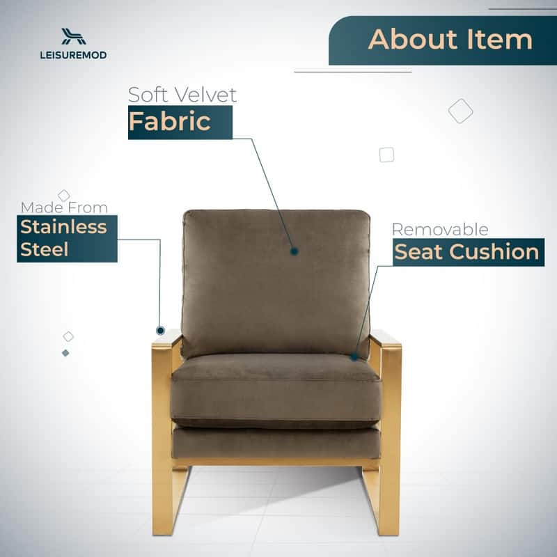 Jefferson Modern Velvet Accent Chair with Brushed Gold Frame, Removable Cushions, and Floor Protectors for Living Room or Office