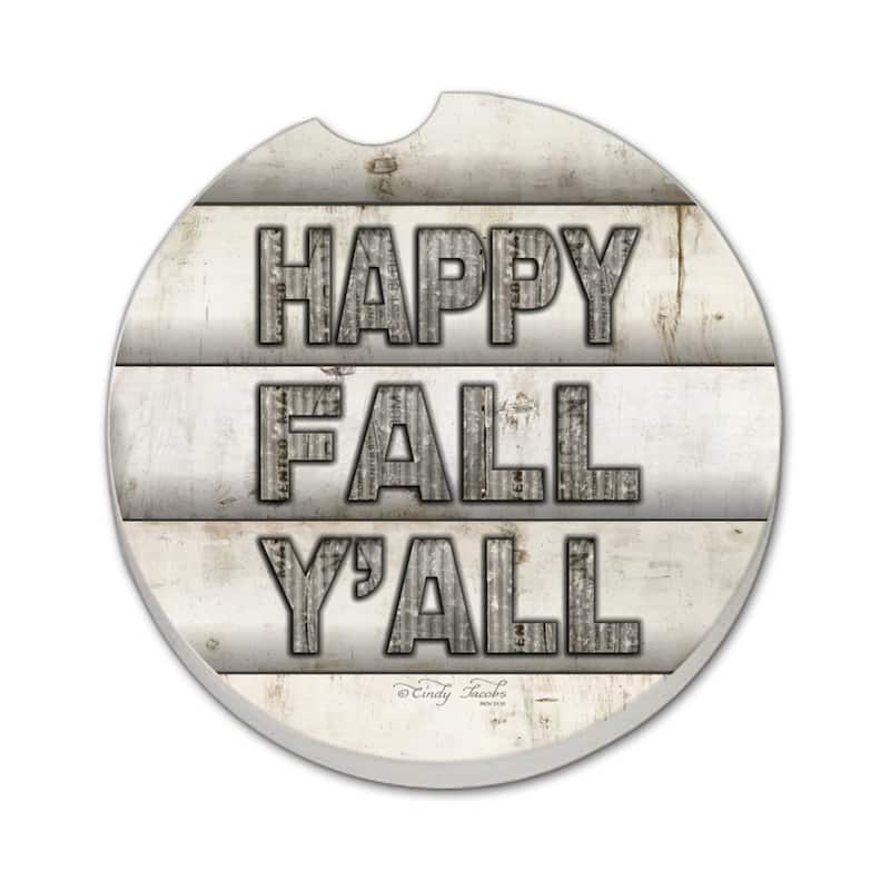 Happy Fall Y'all 2 Pack Absorbent Stone Coaster for Vehicle Cup Holder 2.6” Diameter Manufactured in The USA - Multi