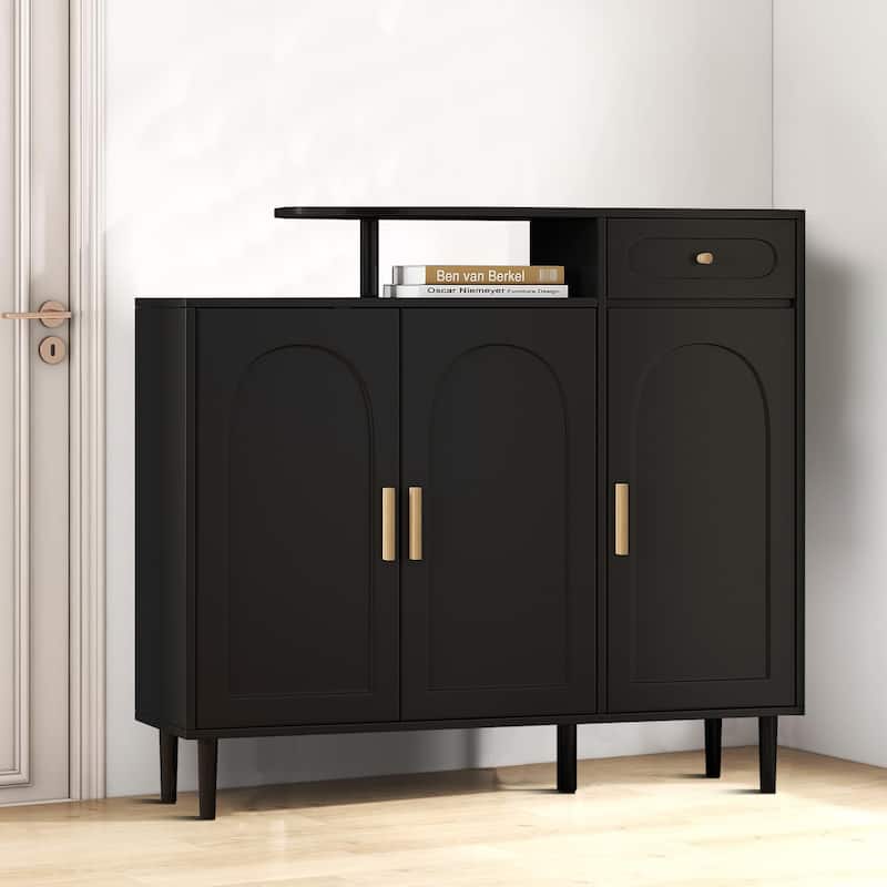 Modern Entryway Wood Shoe Organizer Storage Cabinet with 2 Cabinets and a Drawer - Black